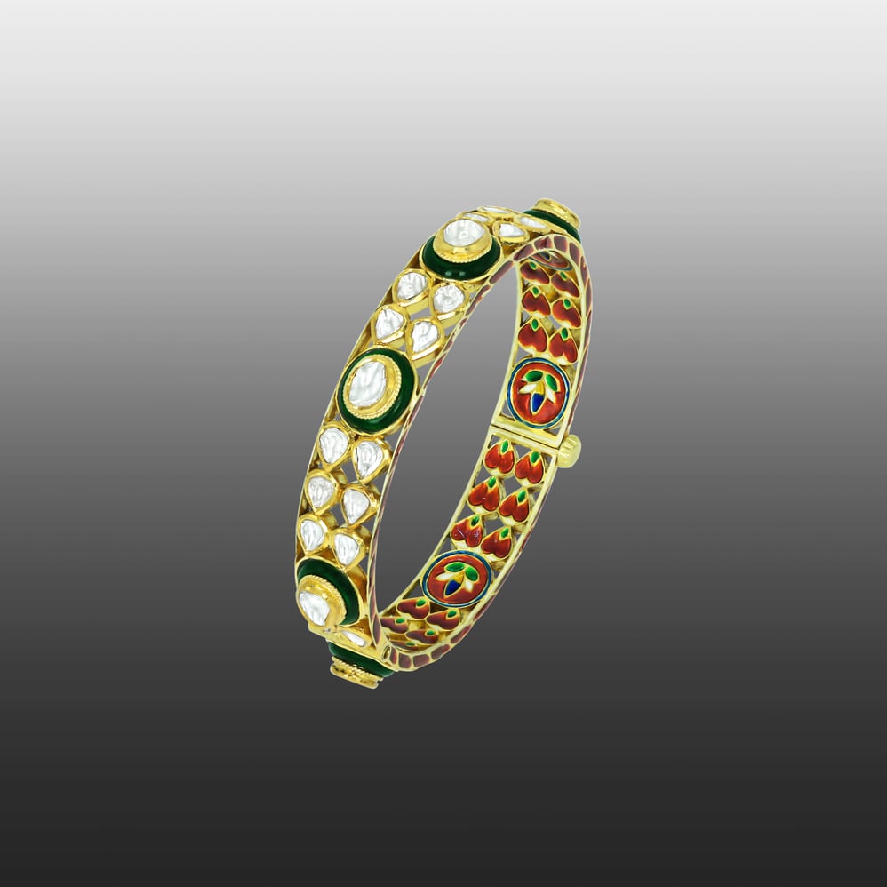 Polki Bangle with Green Borders and Red-Green Enamel Work